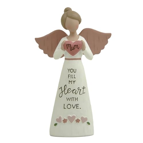 Feather & Grace Angel Mum Figurine ??? Handcrafted Resin Ornament with Pink Wings & Heart Message ??? Sentimental Gift for Mum, Mother???s Day Keepsake, 14cm