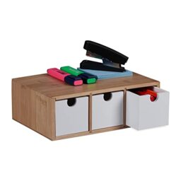 Relaxdays Drawer Box, 3 Drawers, H x W x D: 9 x 26 x 18 cm, Desk Organiser, Bamboo & MDF, Natural/White