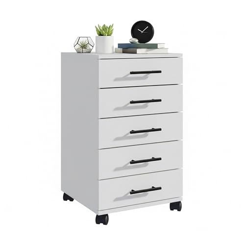Relaxdays mobile pedestal, 5 drawers, HxWxD: 69 x 40 x 40 cm, filing cabinet on wheels, office drawer unit, white