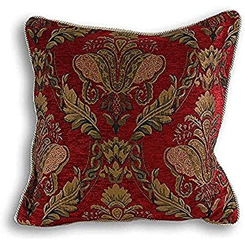 "Riva Paoletti Shiraz Square Filled Cushion Red-Embroidered Damask Jacquard-Gold Piped Edges-Reversible-Zip Closure-100 Case (18"" x 18"" inches), Polyester, Burgundy, 45 x 45cm"