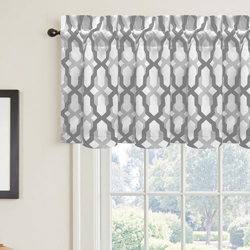 DriftAway Mason Geometric Trellis Pattern Window Curtain Valance Rod Pocket 52 Inch by 18 Inch Plus 2 Inch Header Gray