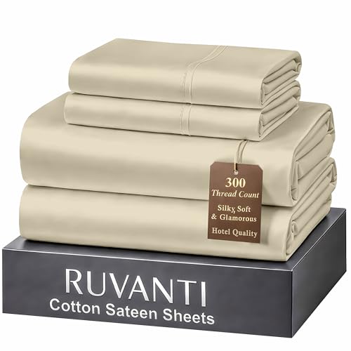 "RUVANTI 100% Cotton Sheets California King Size Bed Set - 300 Thread Count Silky Soft Sateen Weave,Cooling, Lightweight & Breathable,14"" Deep Pocket,Durable & Luxury Satin-Like,4 Piece, Beige"
