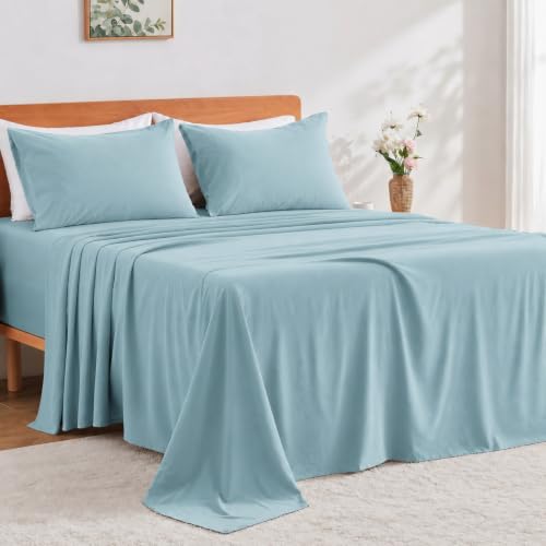 GOKOTTA 4-Pcs Queen Sheet Set, 16 Inch Deep Pocket Queen Sheets with Elastic Corner Straps, Brushed Microfiber Polyester - Hotel Luxury, Ultra Soft, Breathable, Anti-Rip, Wrinkle-Free - Light Blue