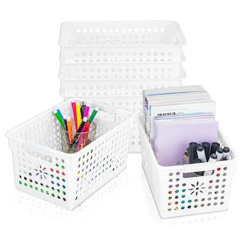Cetomo Plastic Storage Box, Storage Baskets with Handle, Shelf Basket Organizer with Hole, Open Top Storage Bin for Home Kitchen Office, White, 6 Pack (27 x 18 x 14.5 cm)