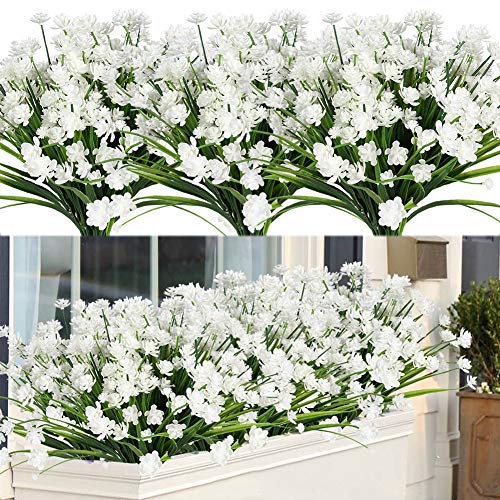 ArtBloom 20 Bundles Outdoor Artificial Fake Flowers UV Resistant Shrubs Plants, Faux Plastic Greenery for Indoor Outside Hanging Plants Garden Porch Window Box Home Wedding Farmhouse Decor (White)
