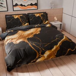 PETTI Artigiani Italiani - Double Duvet Cover Set 250 x 200 cm (2 Pillowcases 50 x 80 cm Included), Soft Microfibre Duvet Cover Set with Digital Print Black and Gold Marble Effect - Made in Italy