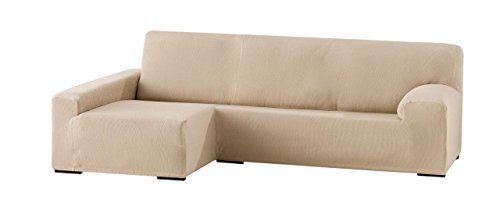 Eysa elastic sofa throw over chaise longue left, frontal view, polyester cotton, 01-beige, 90 x 240 - 280 x 155 cm