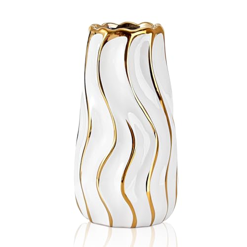OTARTU Ceramic Vase - White Decorative Flower Vase for Home Decor, Vertical Stripe Pattern, Tabletop Centerpiece