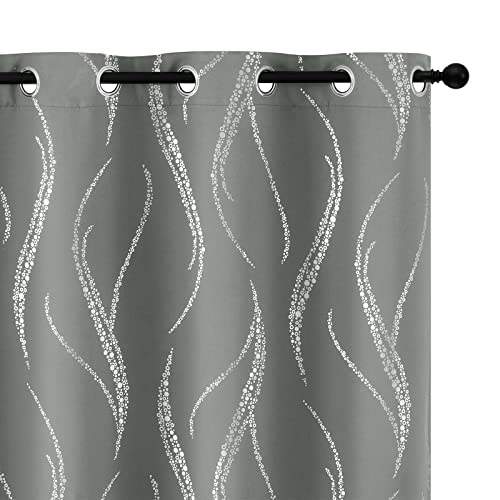 Yakamok Blackout Curtains 95 inch Length Living Room Thermal Insulated Silver Wave Line Dots Pattern Curtains Room Darkening Grommet Curtains for Bedroom, Grey, W52 x L95-inch, 2 Panels