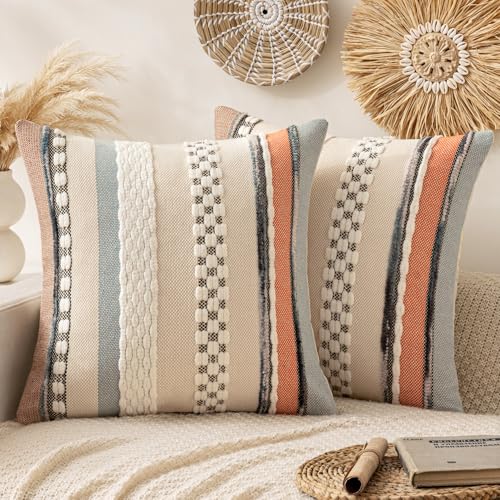 ANRODUO Pack of 2 Boho Decorative Throw Pillow Covers 18x18 Farmhouse Cushion Case Striped Chenille Pillow Cases Square Pillow Covers Accent Neutral Pillowcase for Sofa Couch Bed, Orange-Blue Stripe