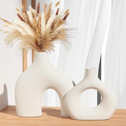 Zormon White Ceramic Vase Set of 2, Pampas Grass Vases for Home Decor, Round Matte Boho Vases for Flowers, Nordic Minimalism Style vase for Living Room Bedroom Shelf Decor