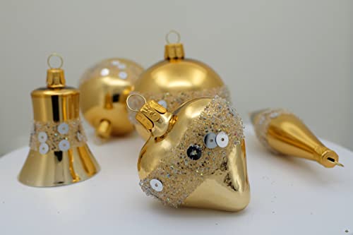 Set of 5 Handmade Blown Glass Decorations for Christmas Tree Gold
