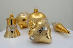Set of 5 Handmade Blown Glass Decorations for Christmas Tree Gold