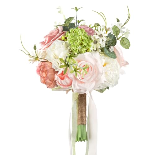 LCiclly 8.6in Blush Wedding Bouquets for Bride Bridesmaid, Pastel Pink White Green Bouquet Artificial Fake Silk Roses Flowers for Wedding Spring Garden Boho Rustic Decoration Toss Bouquet