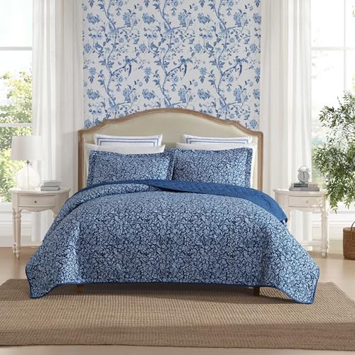 Laura Ashley - Quilt Set, Super Soft Fabric Bedding with Matching Sham, Toile-Inspired Print, Floral Home Essentials (Elaina Blue, Twin)