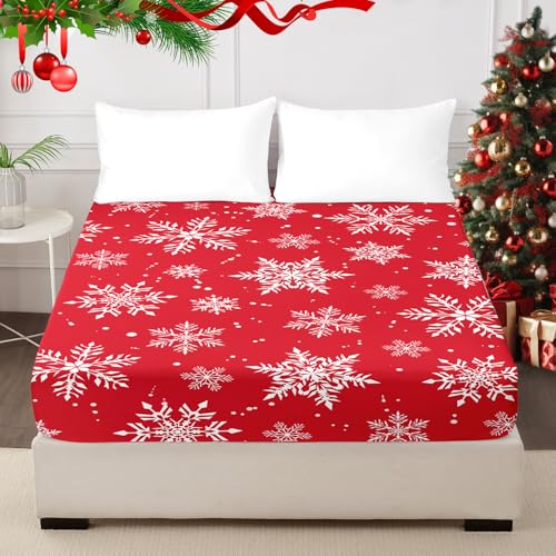 "HCORA Christmas Full Fitted Sheet Only - Premium 1800 Microfibre Snowflake Fitted Sheet Deep Pocket Up to 16"" - Ultra Soft Fitted Bottom Sheet Shrinkage and Fade Resistant (Full)"