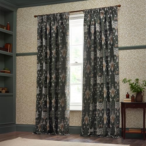 Morris&Co. Snakeshead Pencil Pleat Curtain Pair – Lined Jacquard Chenille Bold Floral Drapes (Indigo/Leaf - 168x229cm)