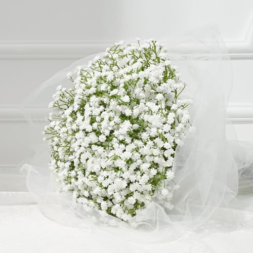 Dolicer 10 Pcs Babys Breath Artificial Flowers, White Long Stem Baby Breath Flowers Artificial Bulk, Real Touch Fake Babys Breath Gypsophila for Wedding Bridal Bouquet Party Arrangements Home Decor