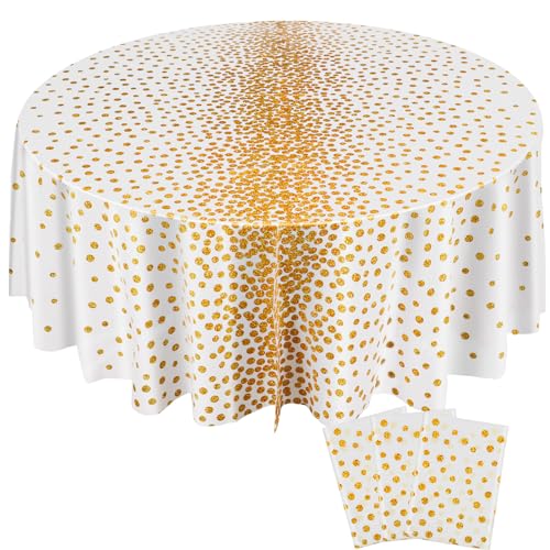 VitalCozy 3 Pcs Round Dot Tablecloth 84 Inch Plastic Table Cover Polka Dot Confetti Tablecloths for Halloween Fall Thanksgiving Wedding Birthday Party Supplies (White and Gold)