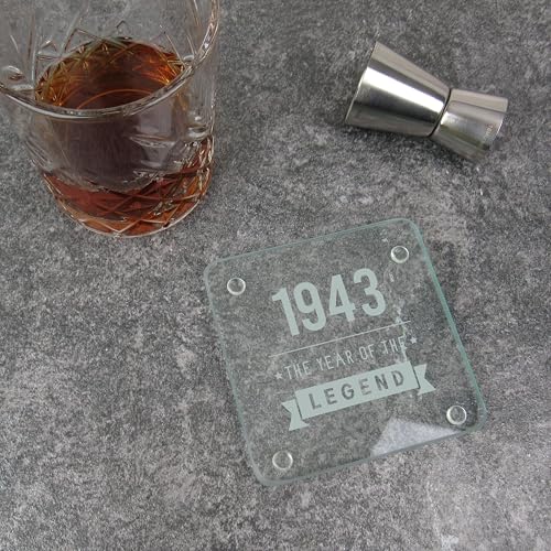 eBuyGB Engraved Square Glass Coaster -1943 Year of The Legend Design - 80th Birthday Gifts for Him, Men - Gift for Dad, Grandad, Friend - Drinks Mat, Placemat