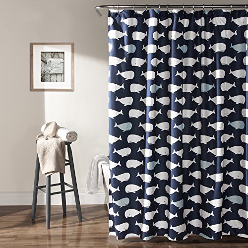 "Lush Decor Whale Shower Curtain - Fabric Ocean Fish Animal Print Design for Kids, 72"" x 72"", Navy"