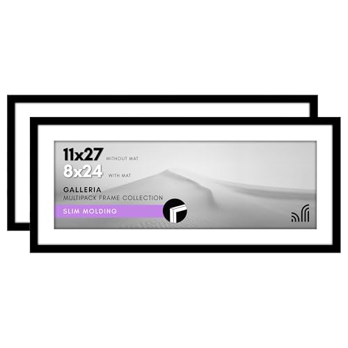 Americanflat 11x27 Picture Frame Set of 2 - Polished Plexiglass - Use as 8x24 With Mat or 11x27 Without Mat - Galleria Collection - Gallery Wall Display - Black