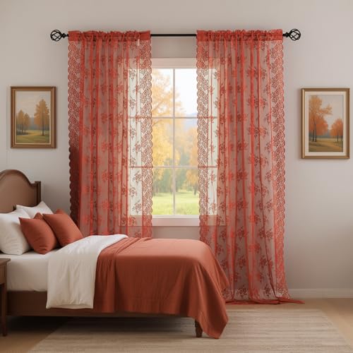 Kotile Burnt Orange Sheer Curtains 63 Inch Length 2 Panels, Country Rustic Lace Floral Fall Curtains for Girls Bedroom, Rod Pocket Privacy Sheer Lace Curtains, 42 x 63 Inch Each, 1 Pair, Burnt Orange