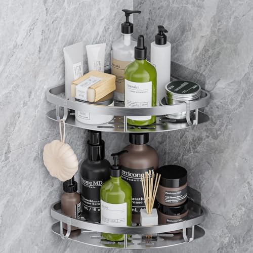 GlasFlength Shower Shelf No Drilling Corner, Pack of 2 Bathroom Organiser, Self-Adhesive Rustproof Shelf with 4 Hooks, Quick-Drying Shower Basket