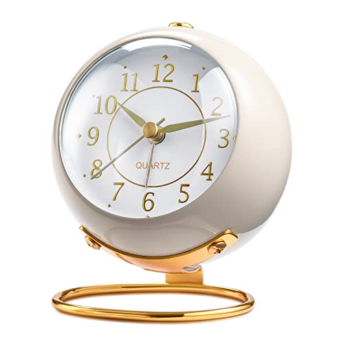 Analog Alarm Clocks for bedrooms,Small Desk Clocks,Night Light, Non-Ticking，Battery Powered,Silent Alarm Clock,Simple Design Desktop Alarm Clock. (White)