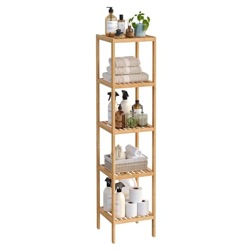 SONGMICS 5-Tier Bamboo Bathroom Shelf, Freestanding Narrow Shelf Unit, Multifunctional Storage Shelf, Corner Shelf, for Kitchen, Living Room, Bedroom, Hallway, Natural BCB55Y