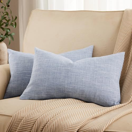 ZeeMart Rustic Linen Lumbar Pillow Covers Set of 2, Blue 12x20in - Textured Pillow Case, Rustic Cotton Linen Fabric, Modern Farmhouse Cushion Covers for Sofa Bed Living Room Home Decor