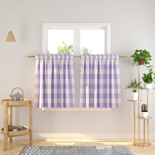 Natus Weaver Buffalo Check Kitchen Tier Curtains 24 inches Long Plaid Gingham Rod Pocket Classic Short Small Cafe Curtains Country Farmhouse Bathroom Half Window Curtains 2 Panels Lilac & White