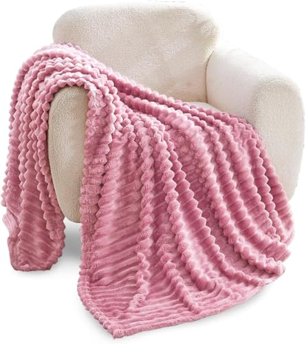 GC GAVENO CAVAILIA Ribbed Blanket Throw - Fluffy Fleece Throws For Sofas, Bed, Settee, Couch - Comfortable Extra Large Blankets & Throws - King Size 200x240 Cm - Blush Pink