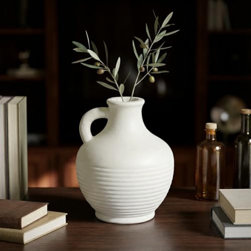 6 inch Rustic White - Rustic Farmhouse Decorative Vases with Handle, Table, Shelf, Bathroom, Bedroom, Home Decor