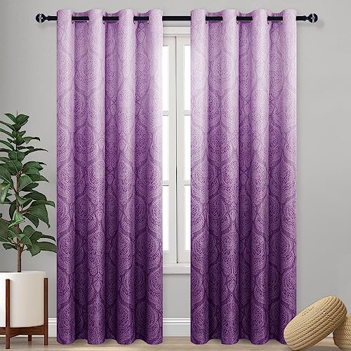 DWCN Ombre Blackout Curtains for Bedroom - Damask Patterned Thermal Insulated Energy Saving Grommet Curtains for Living Room, 1 Pair Gradient Window Curtain Panels, 52 x 84 Inches Long???Royal Purple