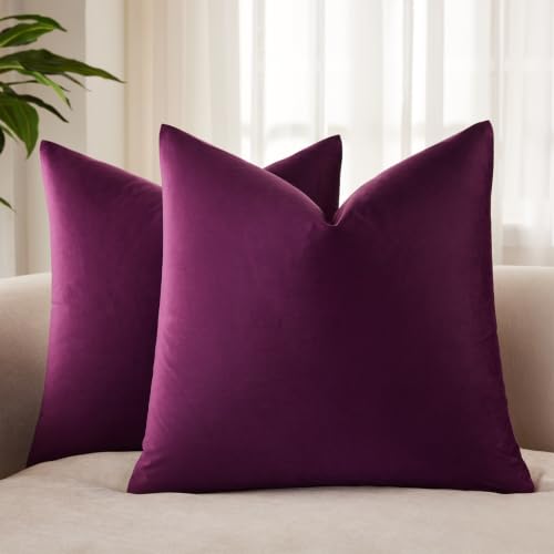 26x26 Decorative Velvet Euro Throw Pillow Covers Set of 2,Eggplant Purple - Decorative Euro Sham for King Couch Bed Sofa Living Room Bedroom,Modern Home Decor,Invisible Zipper,Square Cushion Covers