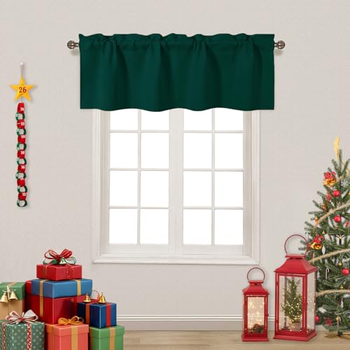 DWCN Christmas Valance Curtains for Windows Kitchen Pod Pocket Blackout Valance for Living Room/Basement 42 x 18 inch Long, 1 Panel, Dark Green