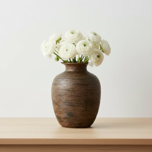 Wancetang Rustic Ceramic Vase for Flower, Dark Brown Farmhouse Vases Home Decor, 7 inch Terra-Cotta Decorative Vases for Nightstand, Bookshelf, Office Desk, Kitchen Table Decor