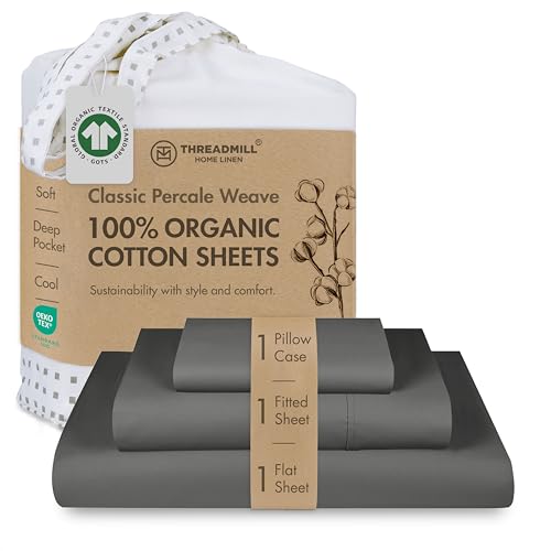Threadmill Certified by GOTS Organic Cotton Sheets - Twin XL, 3 Piece, Dark Grey - Ultra Soft, Cooling and Breathable Bed Sheet Set - Lightweight and All-Round Elastic Deep Pocket
