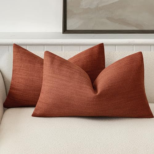 Foindtower Set of 2 Decorative Textured Burlap Linen Throw Pillow Covers Farmhouse Lumbar Cushion Cover Solid Accent Pillowcase for Couch Sofa Bed Living Room Home Decor,12??20 Inch,Fall Orange Hazel