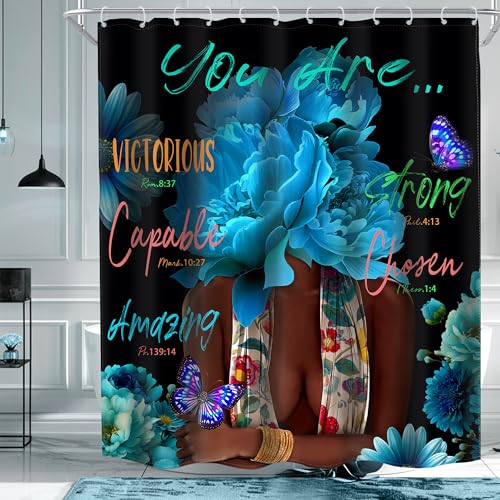 MESHELLY Blue Black Girl Shower Curtain 60Wx72H African American Lady Woman Peony Floral Daisy Butterfly Bathroom Curtain Positive Quote Bath Curtain Bathroom Accessories Decor with 12 Hook