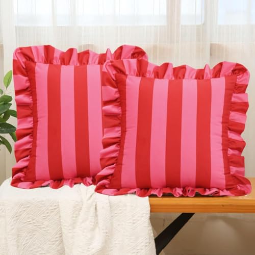 "vctops Ruffle Square Throw Pillow Covers Boho Pink and Red Striped Decorative Pillowcases Set of 2, Soft Velvet Accent Cushion Cover Cases for Sofa Bed Living Room Decor (Pink,24""x24"")"