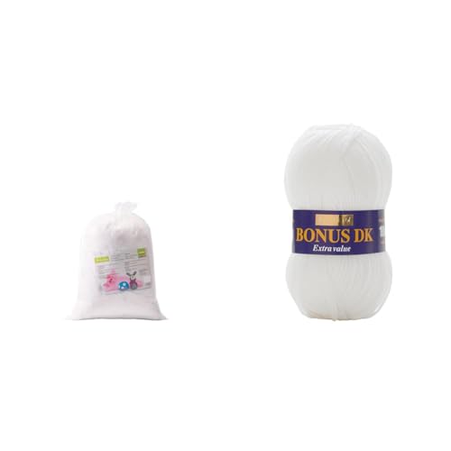 Vaessen Creative Fluffy Soft White Polyester Fibrefill Filling for DIY Cuddly Toy, Cushion and Craft Stuffing, 250 Grams, 250gr & Hayfield Bonus DK Double Knitting, White (961), 100g by Sirdar
