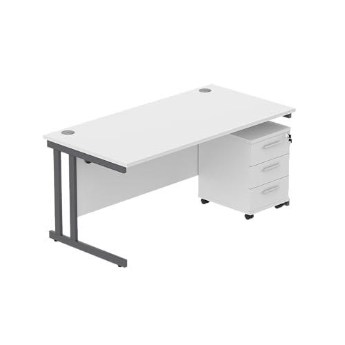 Office Hippo Heavy Duty Contract Grade Office Desk Workstation and Lockable 3-Drawer Pedestal Set, 120kg Weight Tolerance, 5-Year Warranty, FSC Certified, Arctic White, Graphite Legs, 1600 x 800mm