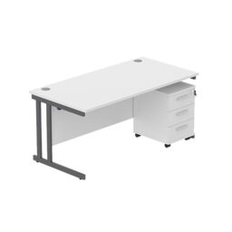 Office Hippo Heavy Duty Contract Grade Office Desk Workstation and Lockable 3-Drawer Pedestal Set, 120kg Weight Tolerance, 5-Year Warranty, FSC Certified, Arctic White, Graphite Legs, 1600 x 800mm