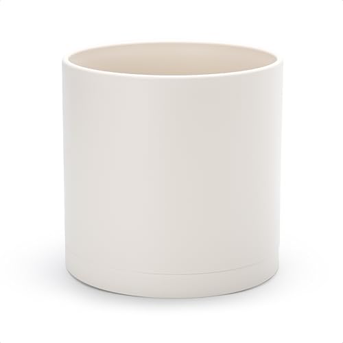 D'vine Dev Plastic Planter Pot with Saucer, 10 in, Oatmeal, 74-X-H-2 - Lightweight Matte Finish, Cylinder Shape, Drainage Holes, Sleek Minimalist Design, Detachable Saucer, Easy Maintenance