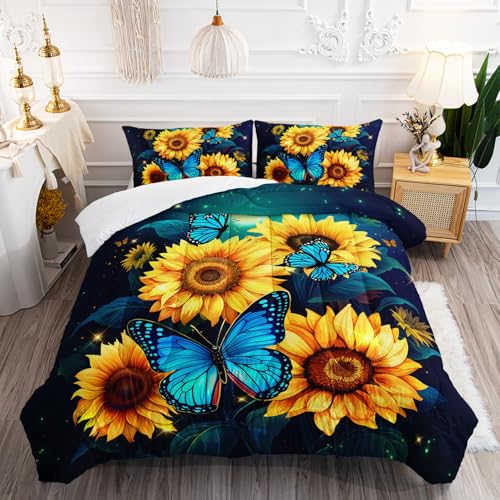 XYNHML Yellow Sunflower Bedding Blue Butterfly Comforter 3Pcs Twin Black Floral Botanical Pattern Quilt Set for Kid Teen Girl Boy Romantic Starlight Bed Decor Set with 1 Comforter and 2 Pillowcases