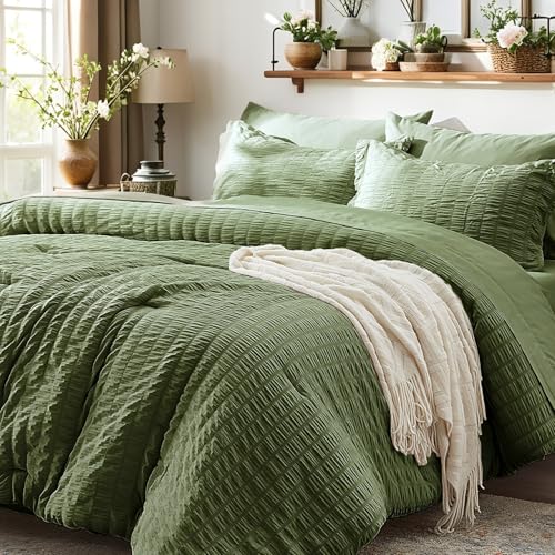 King Size Comforter Set 7 Piece, Olive Green Bed in a Bag King Bedding Sets - Zzlpp Seersucker OEKO-TEX Certified Down Alternative Comforter with Breathable sheets&pillowcases,Lightweight,All Season