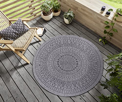 Hanse Home Northrugs Porto Indoor and Outdoor Rug Round Reversible Rug Waterproof Mandala Design Flatweave Rug Weatherproof for Balcony, Patio, Garden, Living Room in Night Silver, Diameter 100 cm