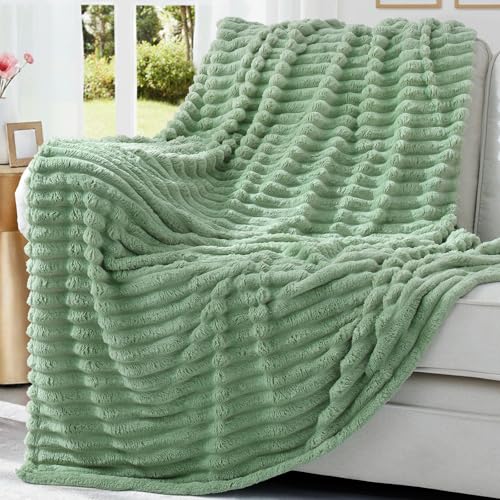 decorUhome Sage Green Fleece Throw Blanket 50x60 Inches - Soft Couch Cozy Fluffy Plush Flannel Striped Blanket for Sofa Bed, Lightweight Decorative Ribbed Fuzzy Blanket for Woman